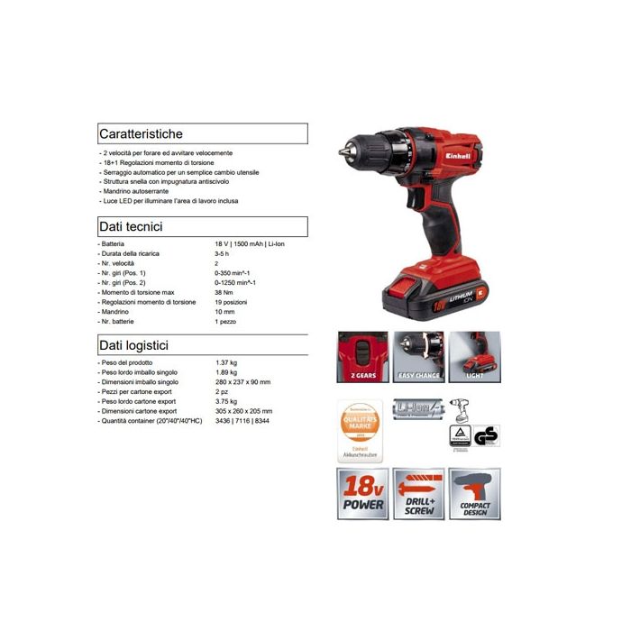 trapano avvitatore a batteria Einhell TC-CD 18-2 Li